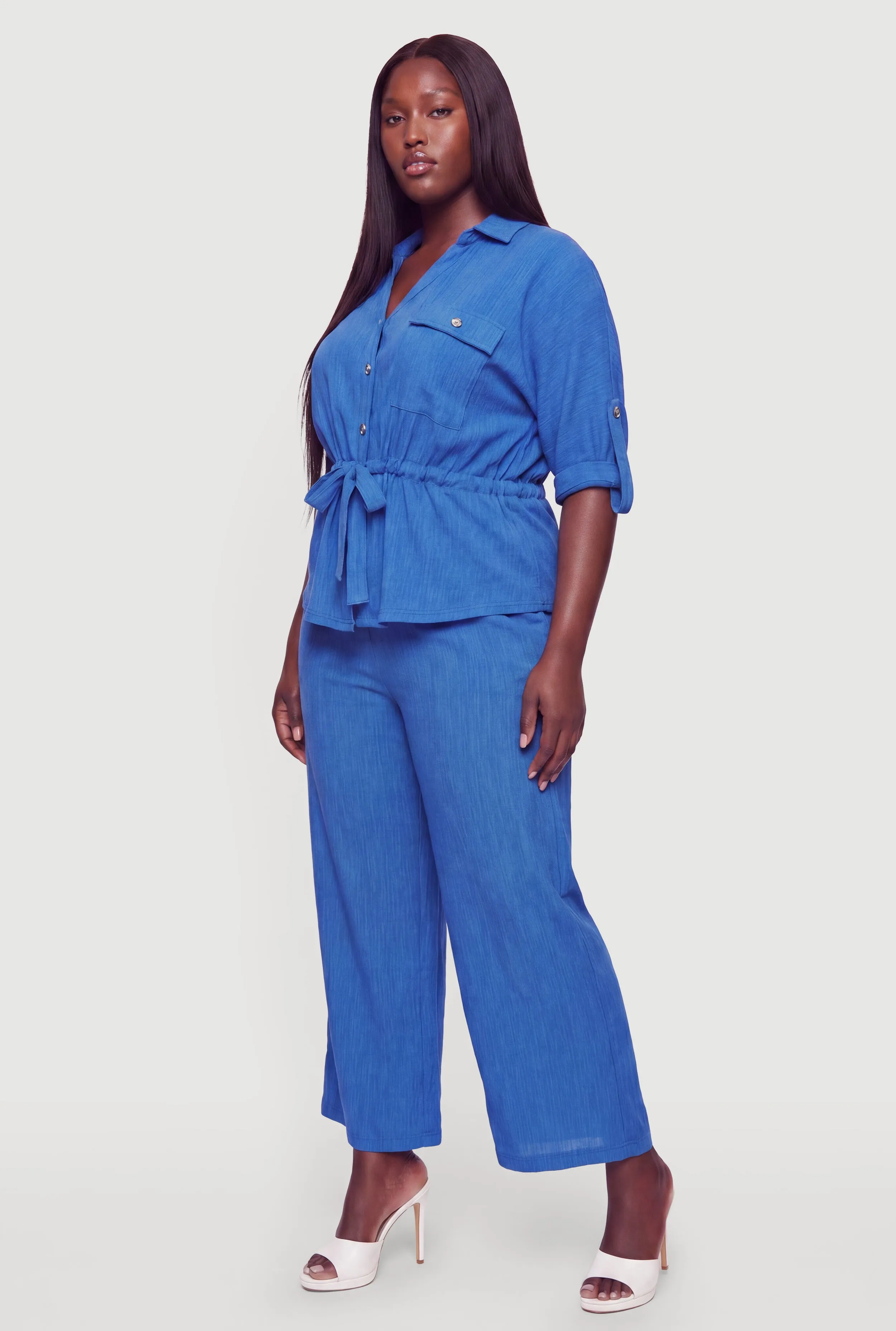 Plus Size Button Front Tabbed Sleeve Tie Waist Blouse sold by Rainbow product image thumbnail 3