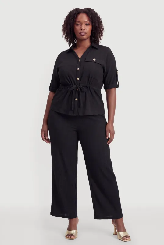 Plus Size High Waisted Wide Leg Textured Knit Pants made by Rainbow