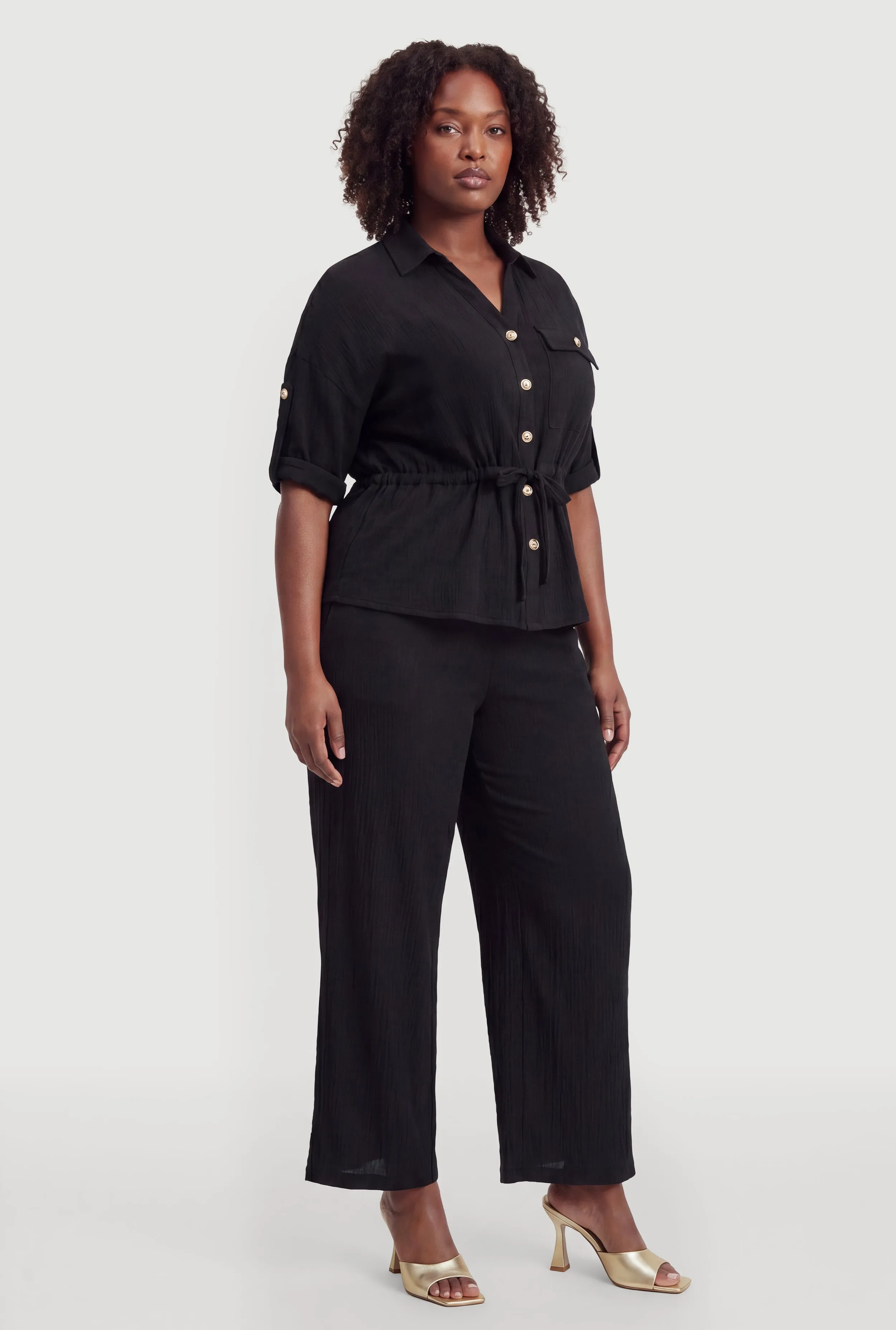 Plus Size Button Front Tabbed Sleeve Tie Waist Blouse sold by Rainbow product image thumbnail 3