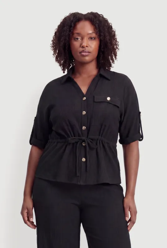 Plus Size Button Front Tabbed Sleeve Tie Waist Blouse made by Rainbow
