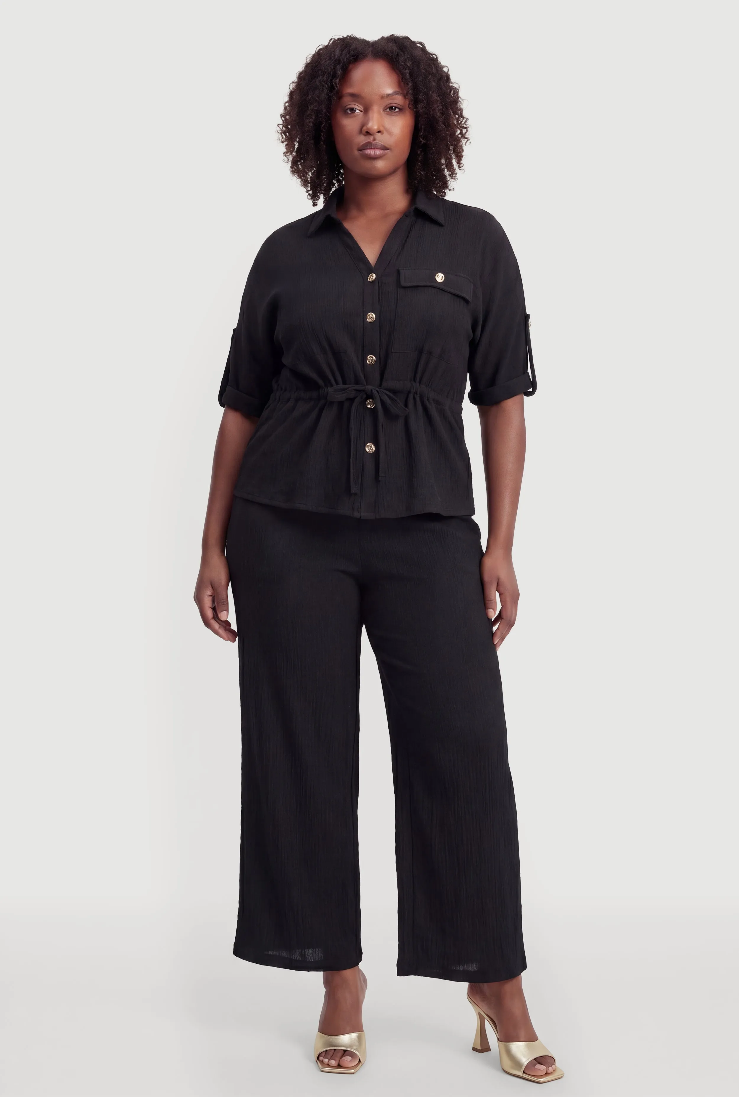 Plus Size Button Front Tabbed Sleeve Tie Waist Blouse sold by Rainbow product image thumbnail 2