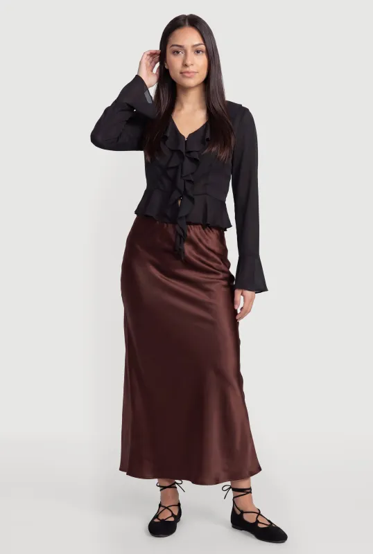 Metallic Button Front Ruffle Trim Chiffon Crop Top made by Rainbow