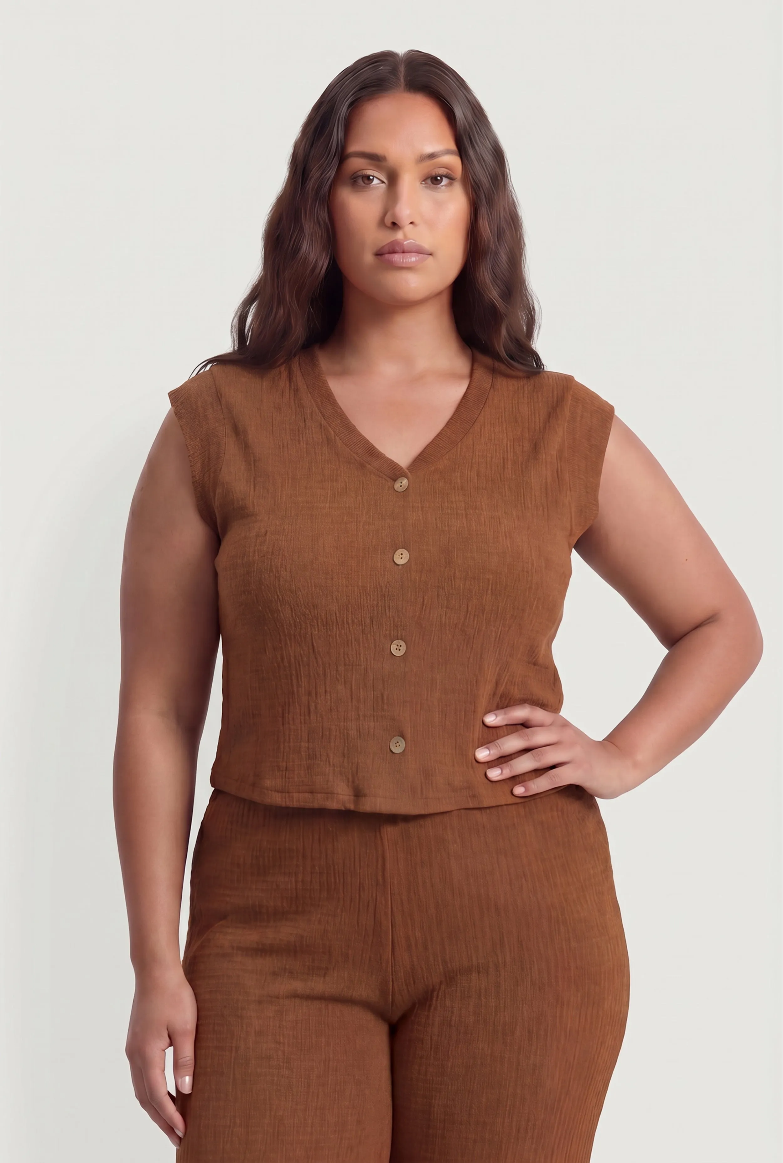 Plus Size Textured Knit Button Detail Top sold by Rainbow