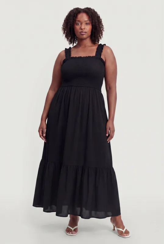 Plus Size Ruffle Hem Smocked Detail Sleeveless Dress made by Rainbow