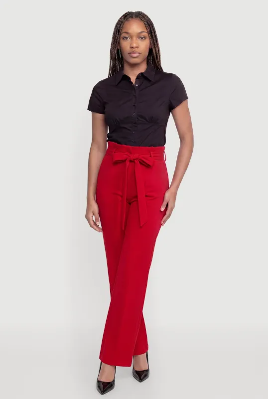 Tie Waist Belted Front Boot Cut Pants made by Rainbow