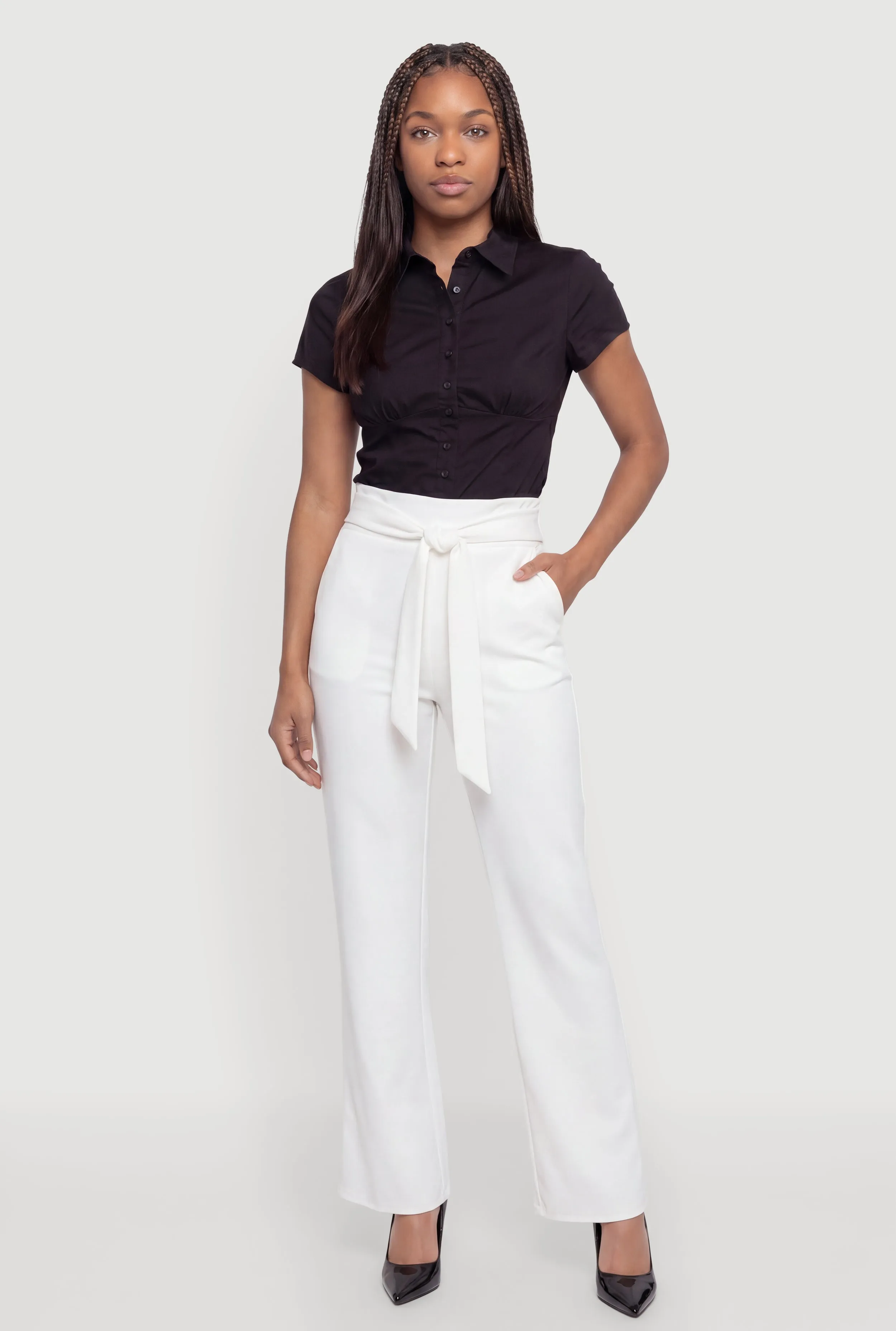 Tie Waist Belted Front Boot Cut Pants sold by Rainbow