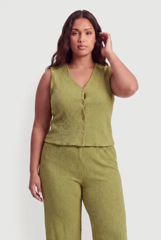 Plus Size Textured Knit Button Front Vest made by Rainbow