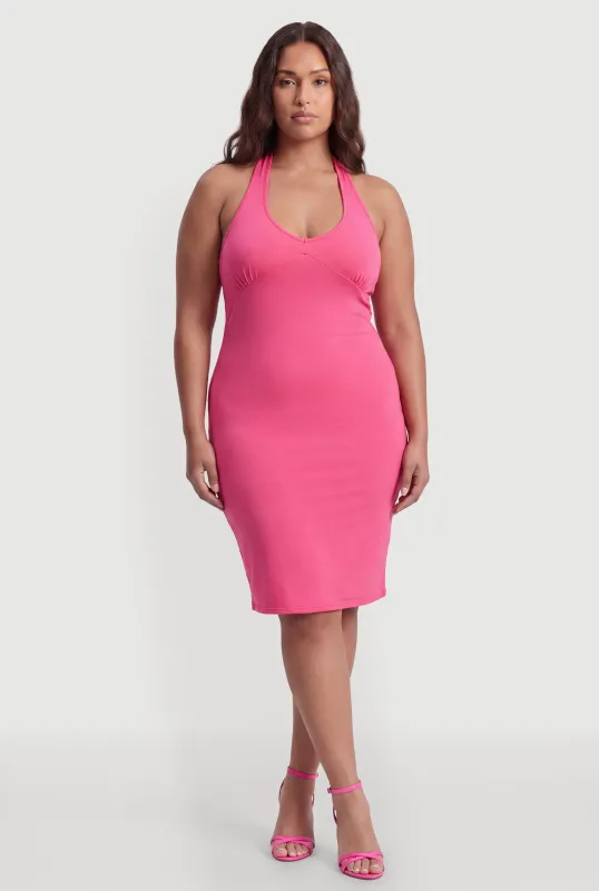 Plus Size Tie Waist Back Detail Midi Halter Dress made by Rainbow