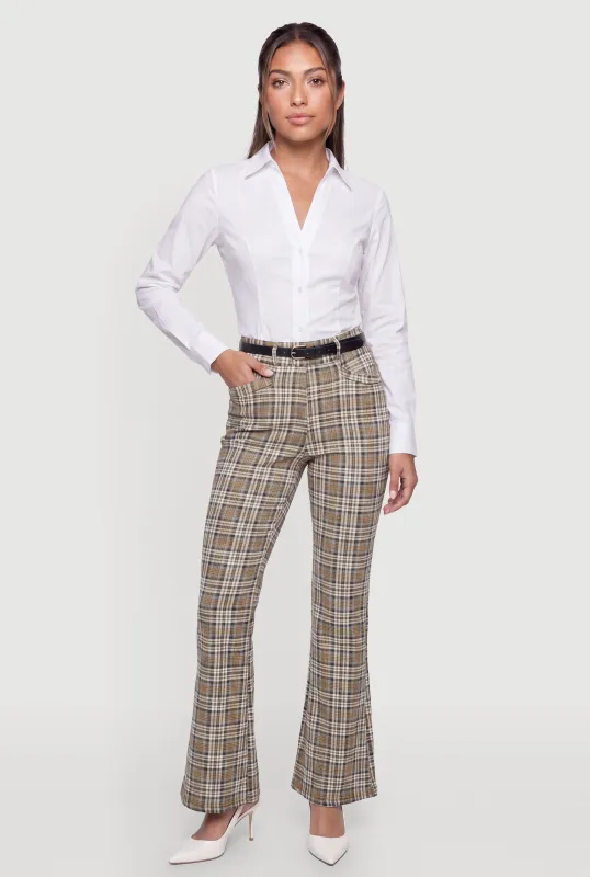 High Waisted Flare Leg Plaid Dress Pants with Belt made by Rainbow