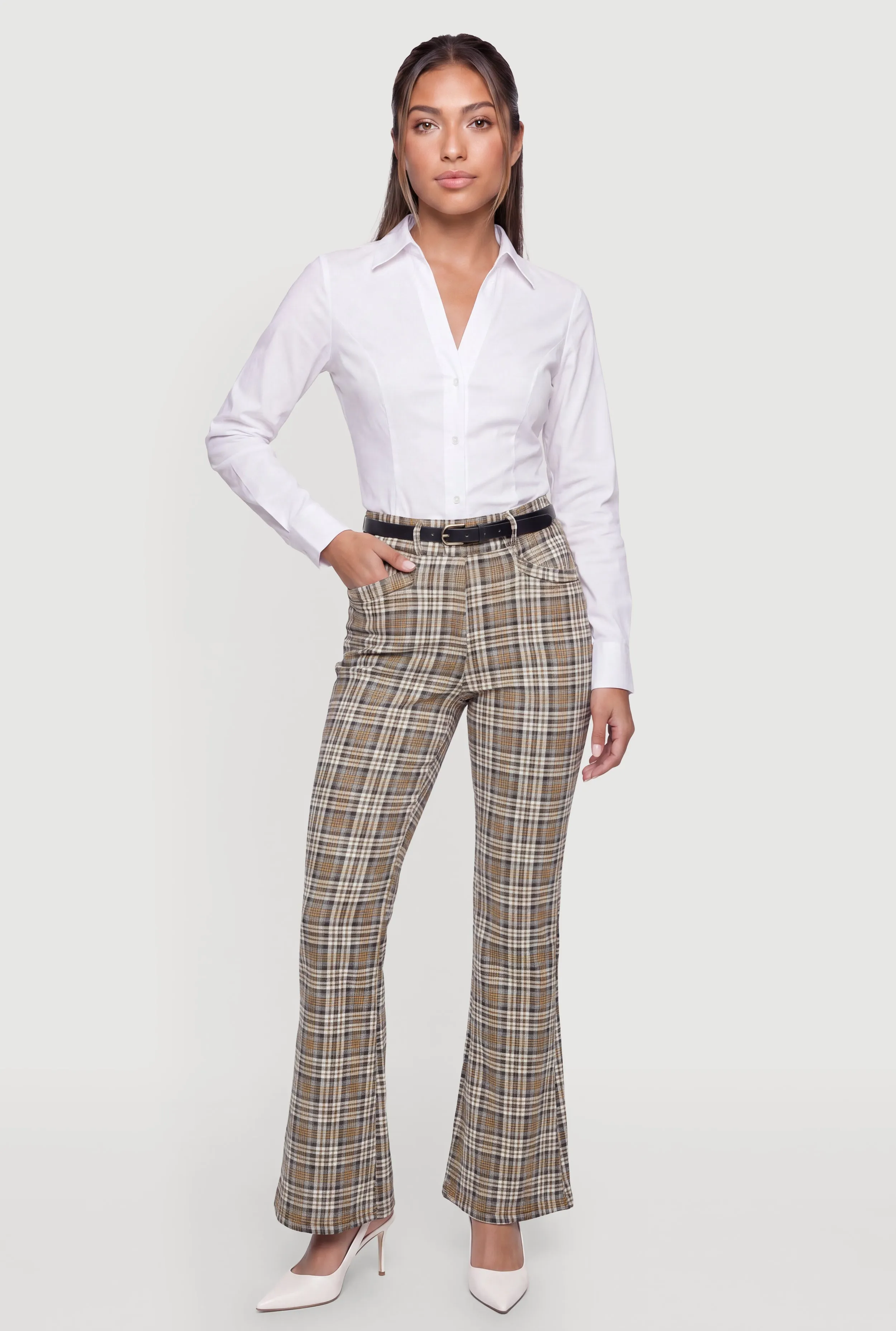 High Waisted Flare Leg Plaid Dress Pants with Belt sold by Rainbow