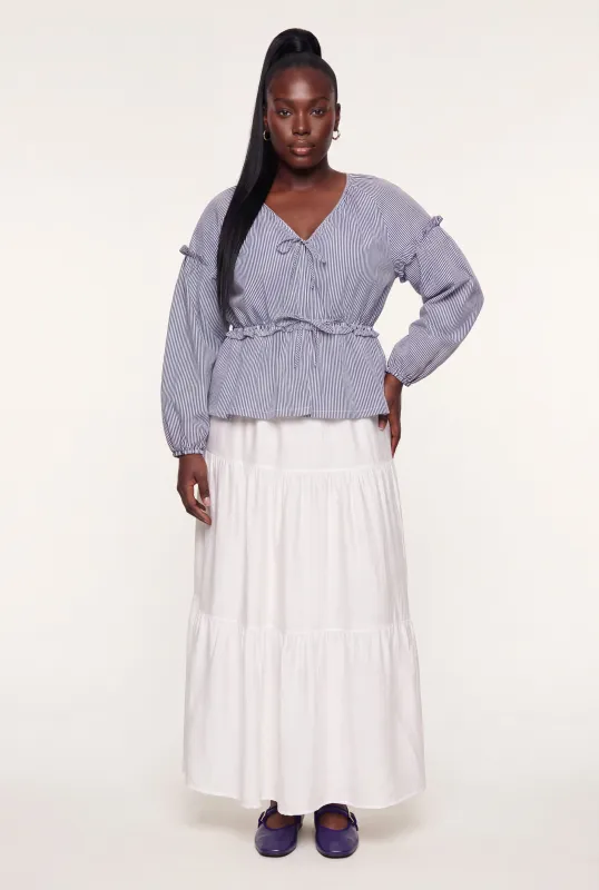 Plus Size Striped Bow Detail Ruffled Top made by Rainbow