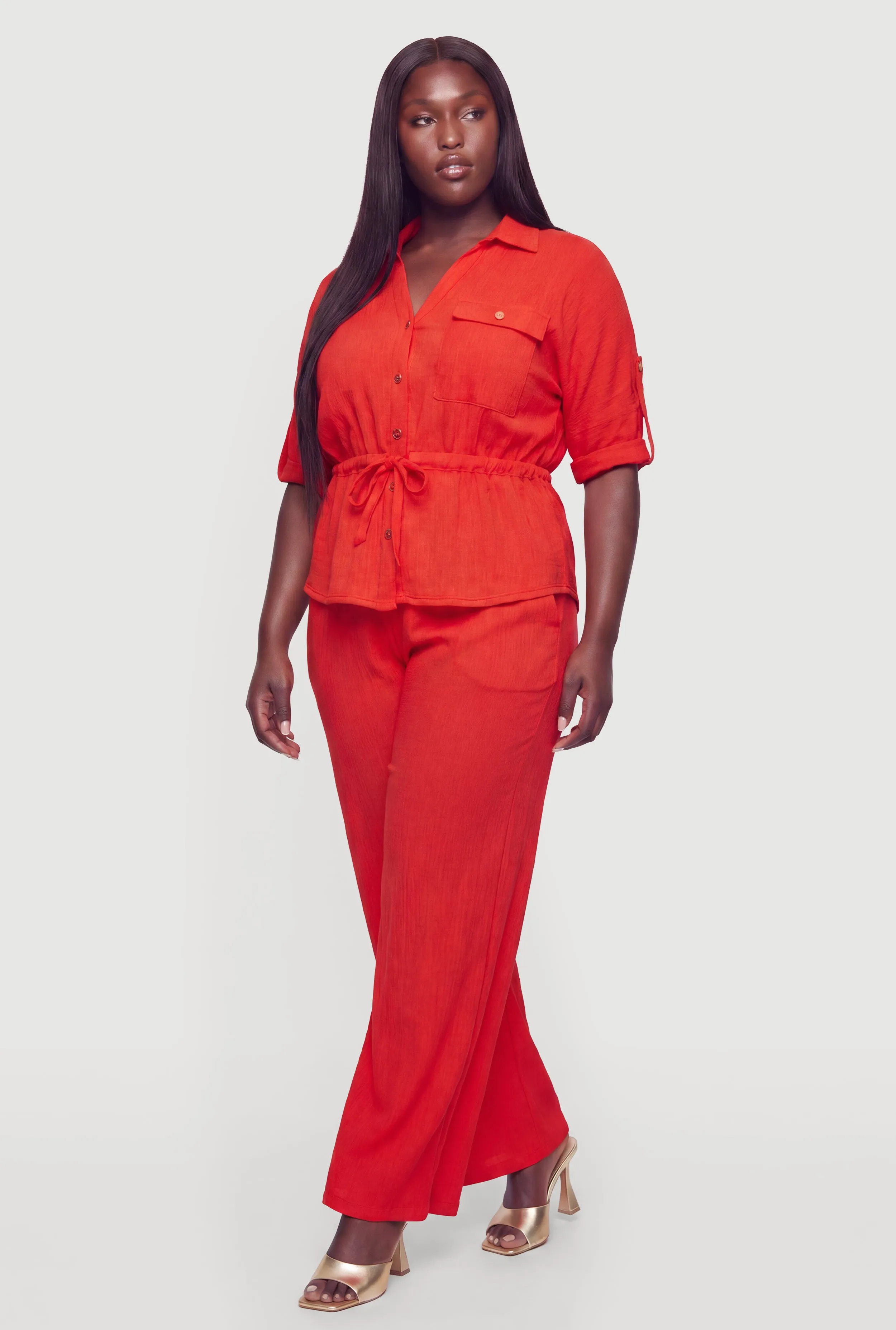 Plus Size Button Front Tabbed Sleeve Tie Waist Blouse sold by Rainbow product image thumbnail 3