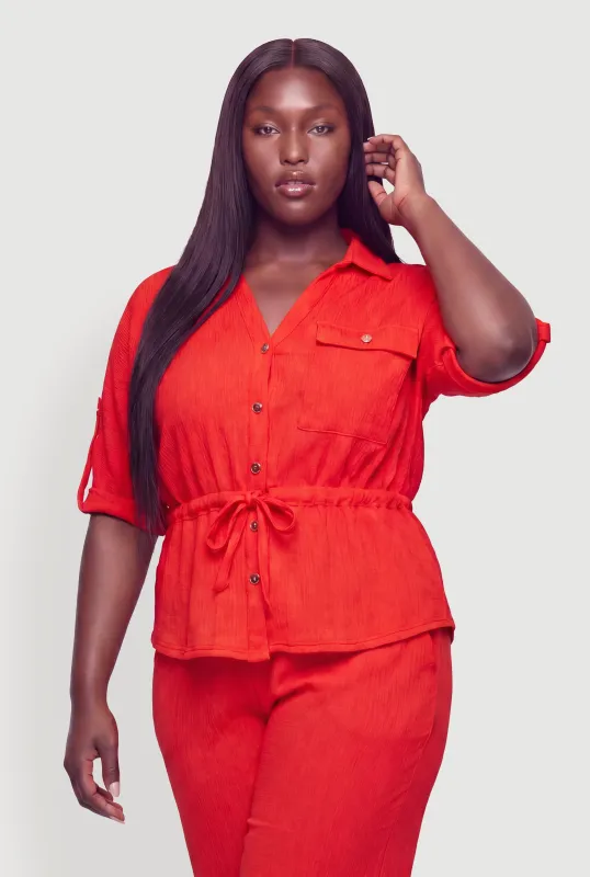 Plus Size Button Front Tabbed Sleeve Tie Waist Blouse made by Rainbow