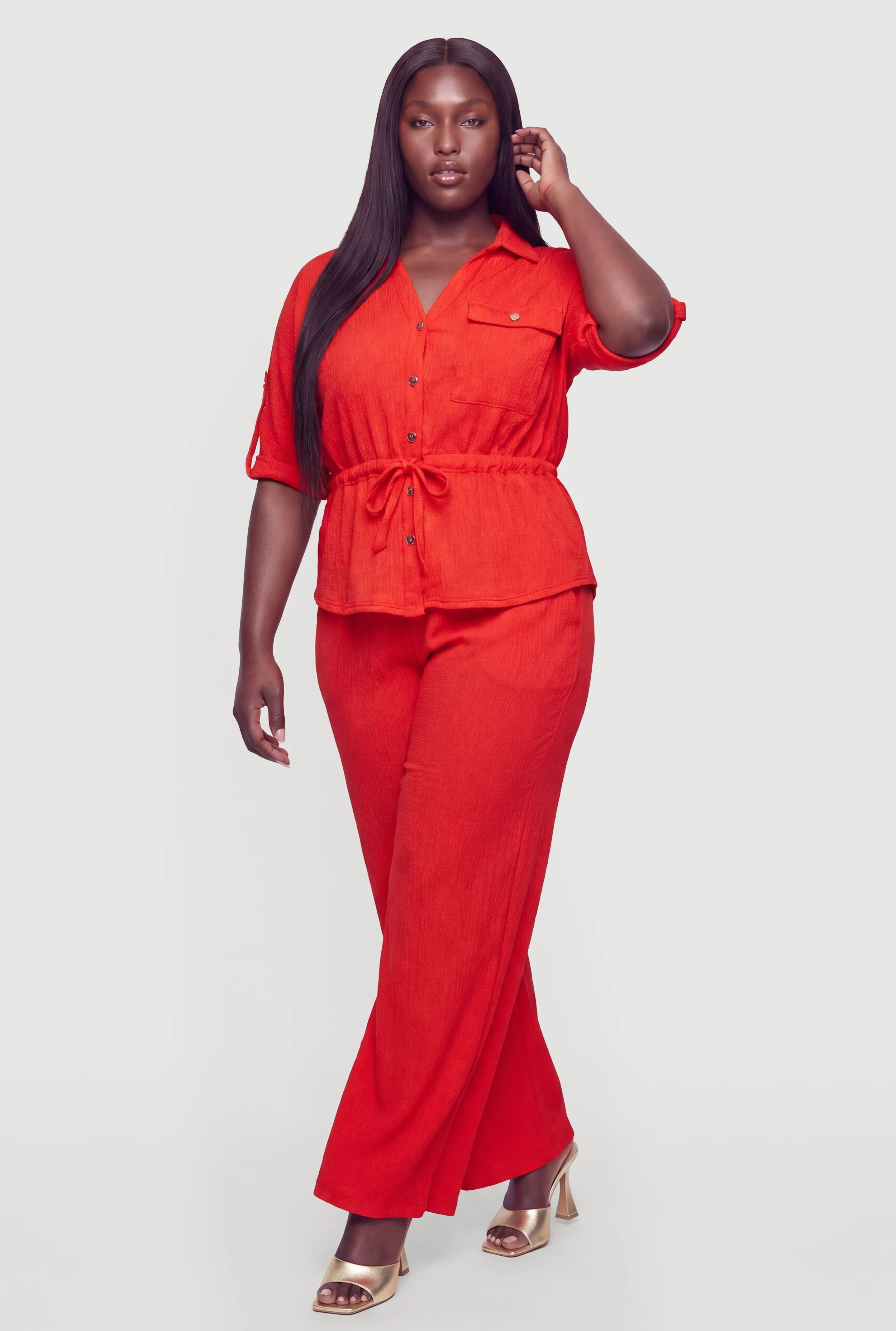 Plus Size Button Front Tabbed Sleeve Tie Waist Blouse sold by Rainbow product image thumbnail 2