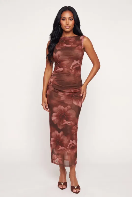 Floral Mesh Side Ruched Mock Neck Maxi Dress made by Almost Famous