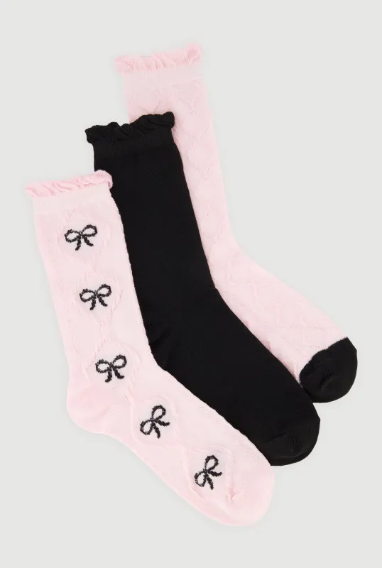 Cable Knit Bow Graphic Crew Socks 3 Pack Size 9-11 made by Rainbow