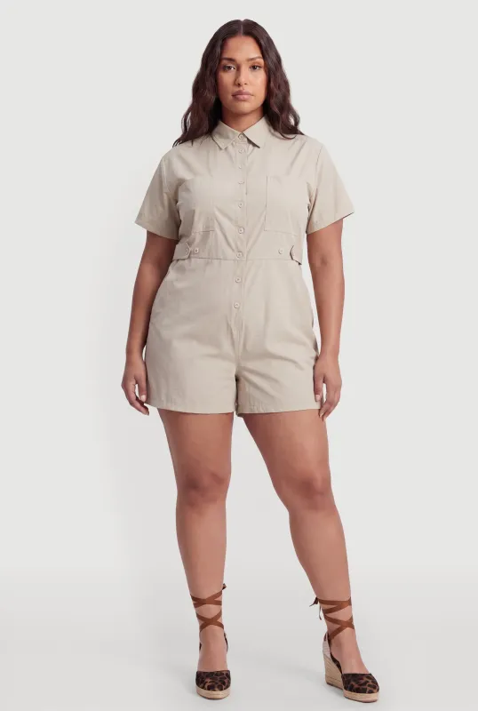 Plus Size Solid Button Front Short Sleeve Romper made by Rainbow