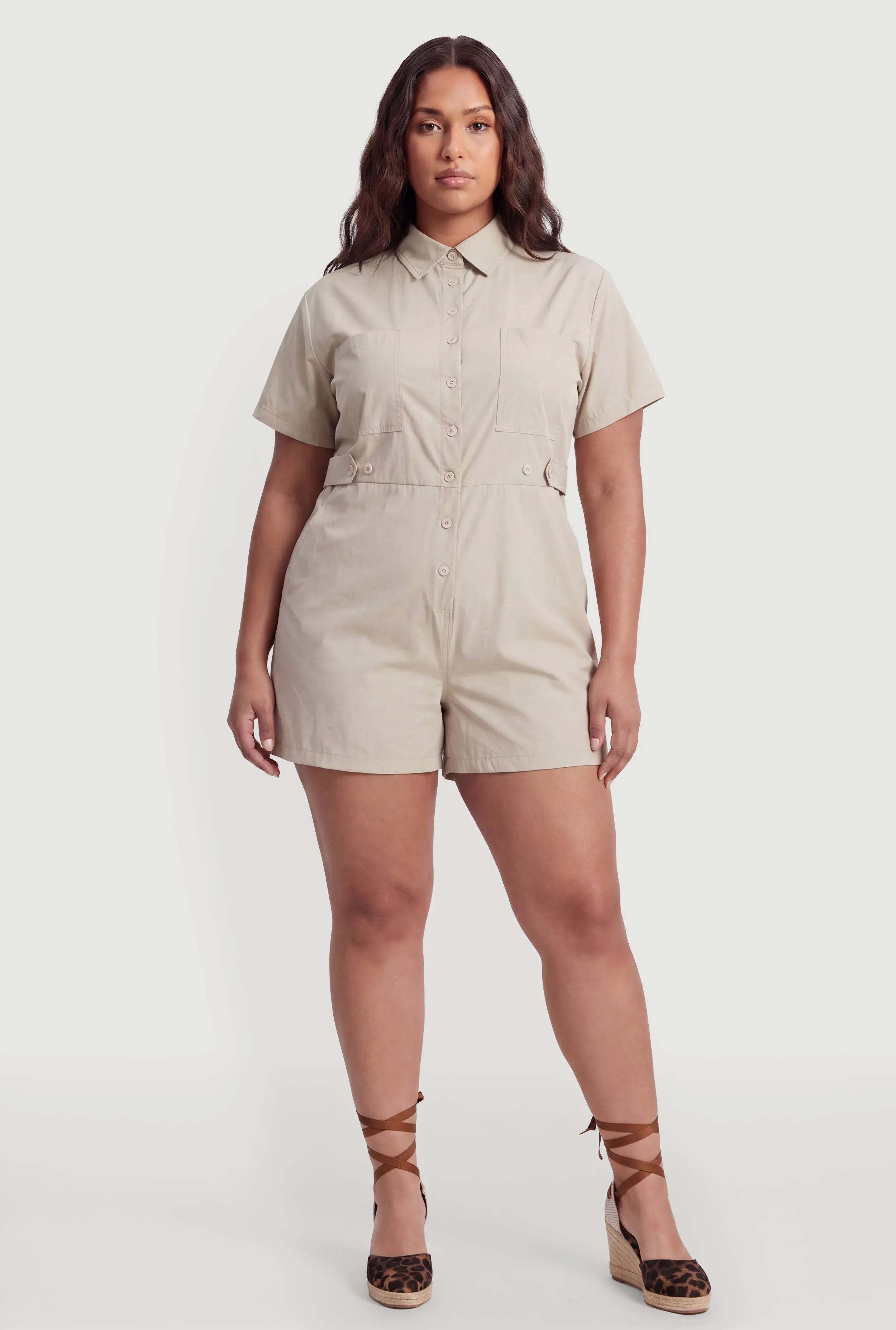 Plus Size Solid Button Front Short Sleeve Romper sold by Rainbow