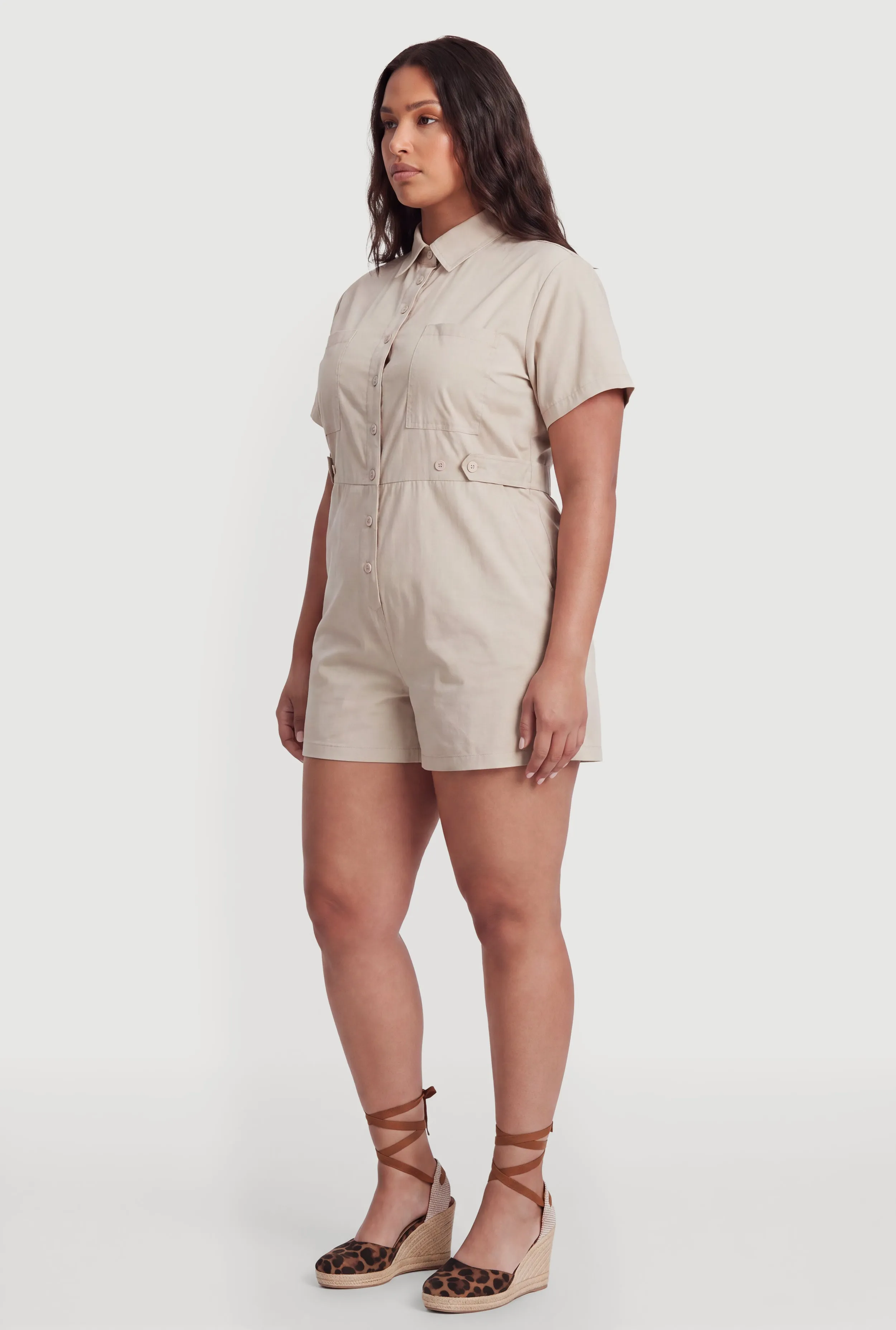 Plus Size Solid Button Front Short Sleeve Romper sold by Rainbow product image thumbnail 2