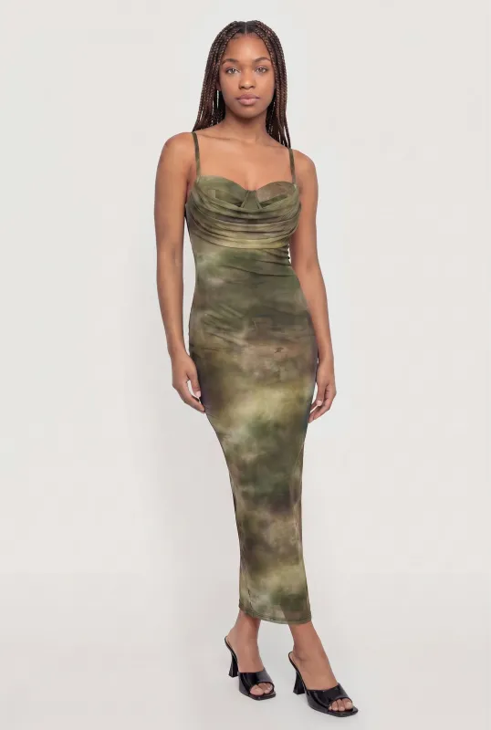 Patterned Mesh Keyhole Back Cowl Neck Bustier Dress made by Almost Famous