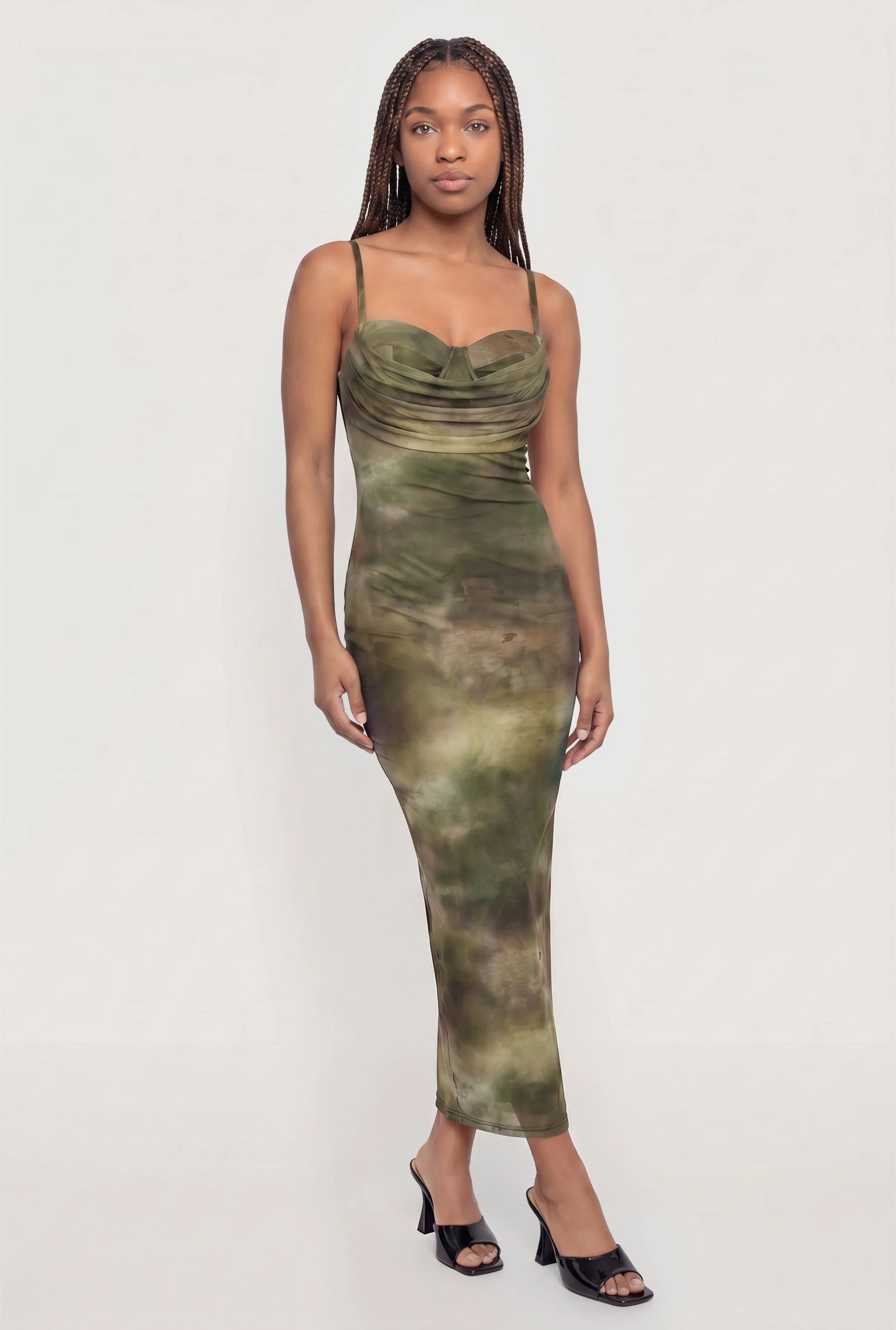 Patterned Mesh Keyhole Back Cowl Neck Bustier Dress sold by Rainbow