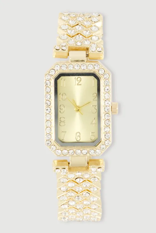 Rhinestone Rectangle Link Bracelet Watch made by Rainbow