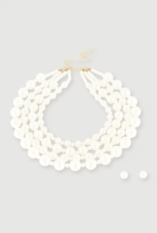 Layered Faux Pearl Necklace and Stud Earrings Set made by Rainbow