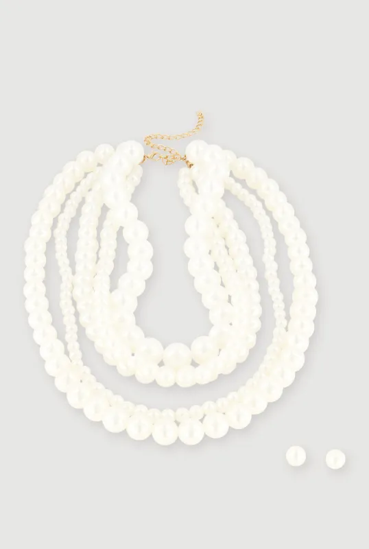 Multi Strand Faux Pearl Necklace and Stud Earrings Set made by Rainbow