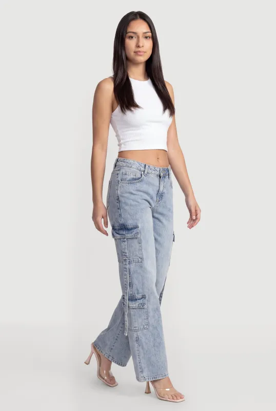 Trendy Mid Rise Acid Wash Straight Leg Cargo Jeans made by Rainbow