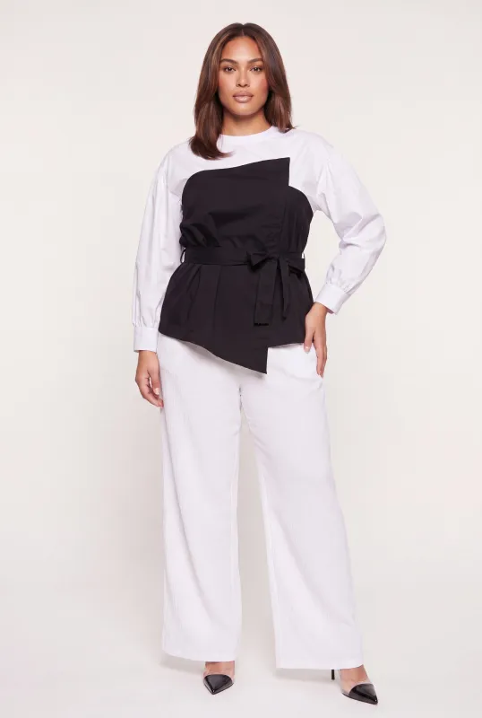 Plus Size Asymmetrical Layered Look Top with Tie Waist Belt made by Rainbow
