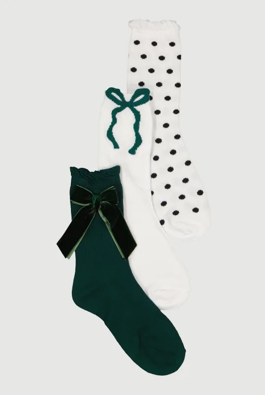 Velvet Bow Crew Socks 3 Pack Size 9-11 made by Rainbow