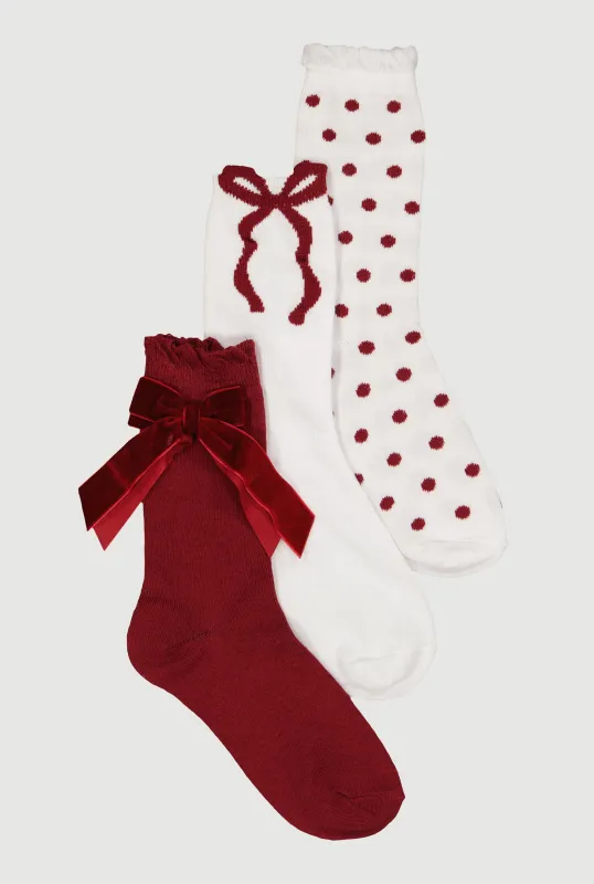 Velvet Bow Crew Socks 3 Pack Size 9-11 made by Rainbow