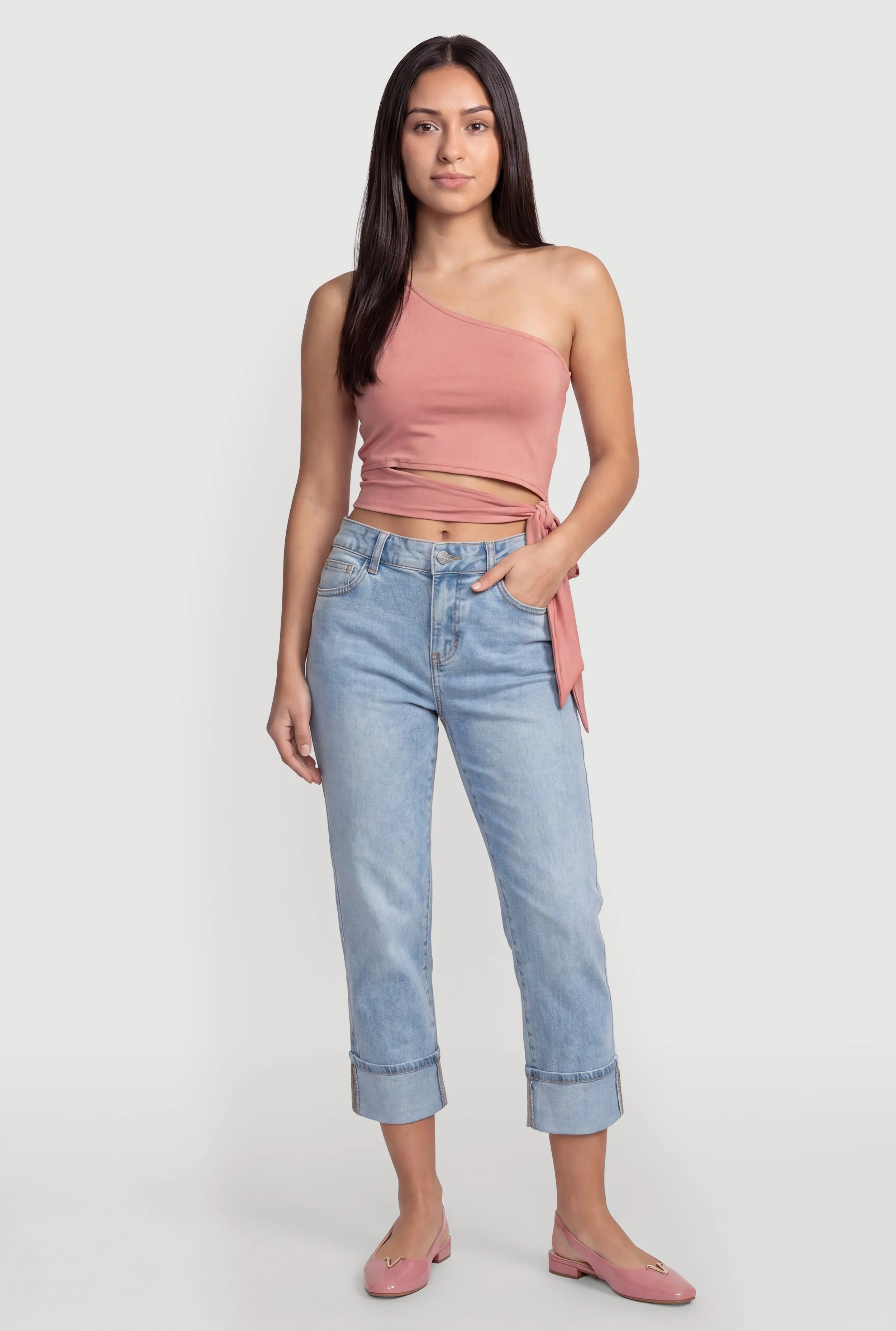 One Shoulder Side Tie Crop Top sold by Rainbow