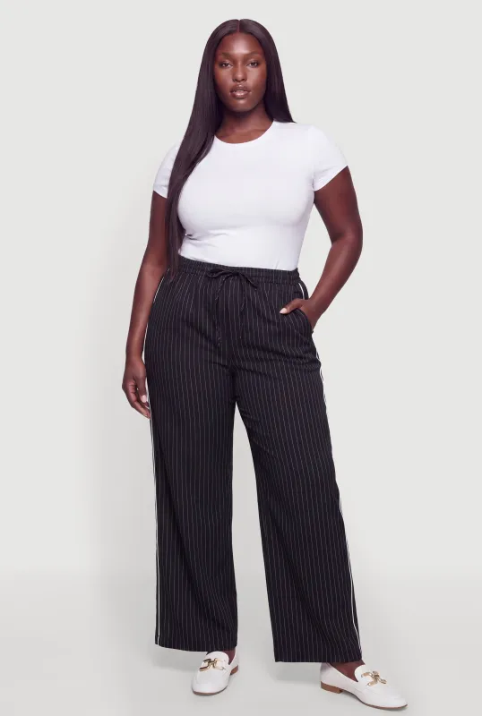 Plus Size Contrast Piping Pinstripe Wide Leg Pants made by Rainbow