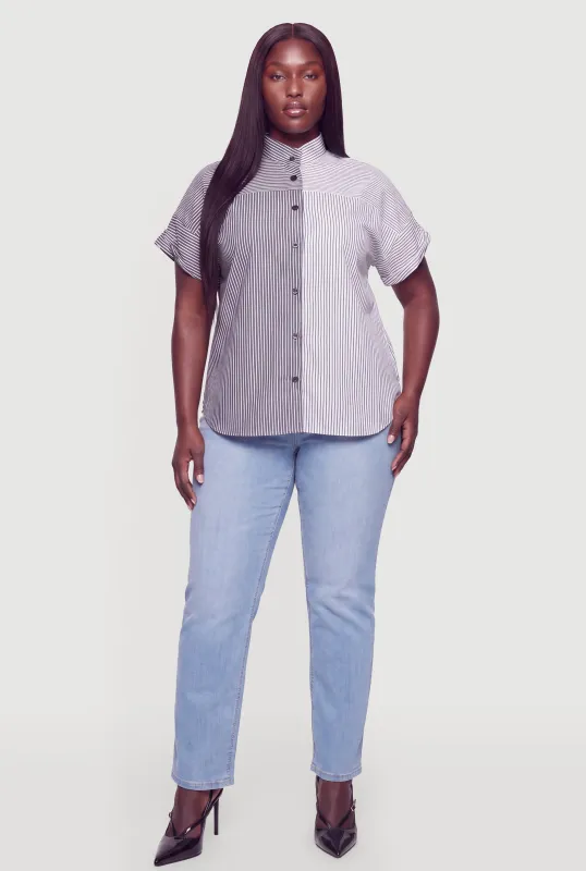 Plus Size Color Blocked Pinstripe Button Front Shirt made by Rainbow