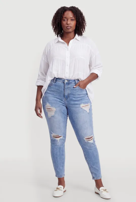Plus Size Gauze Knit Button Front Tiered Shirt made by Rainbow