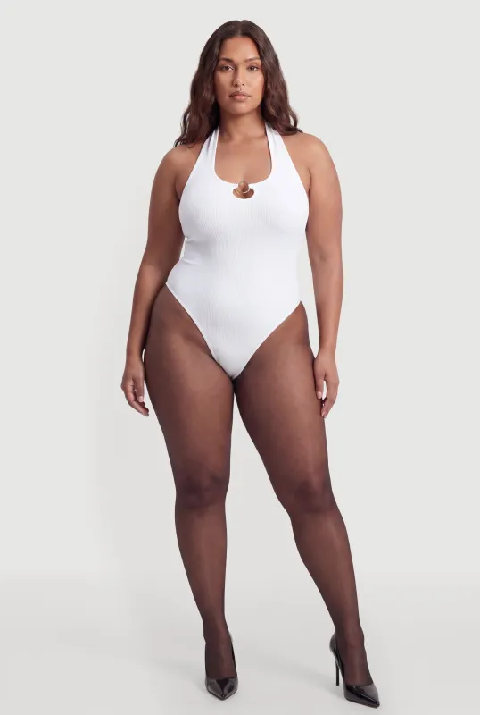 Plus Size Metallic O Ring Detail Halter Thong Bodysuit made by Rainbow