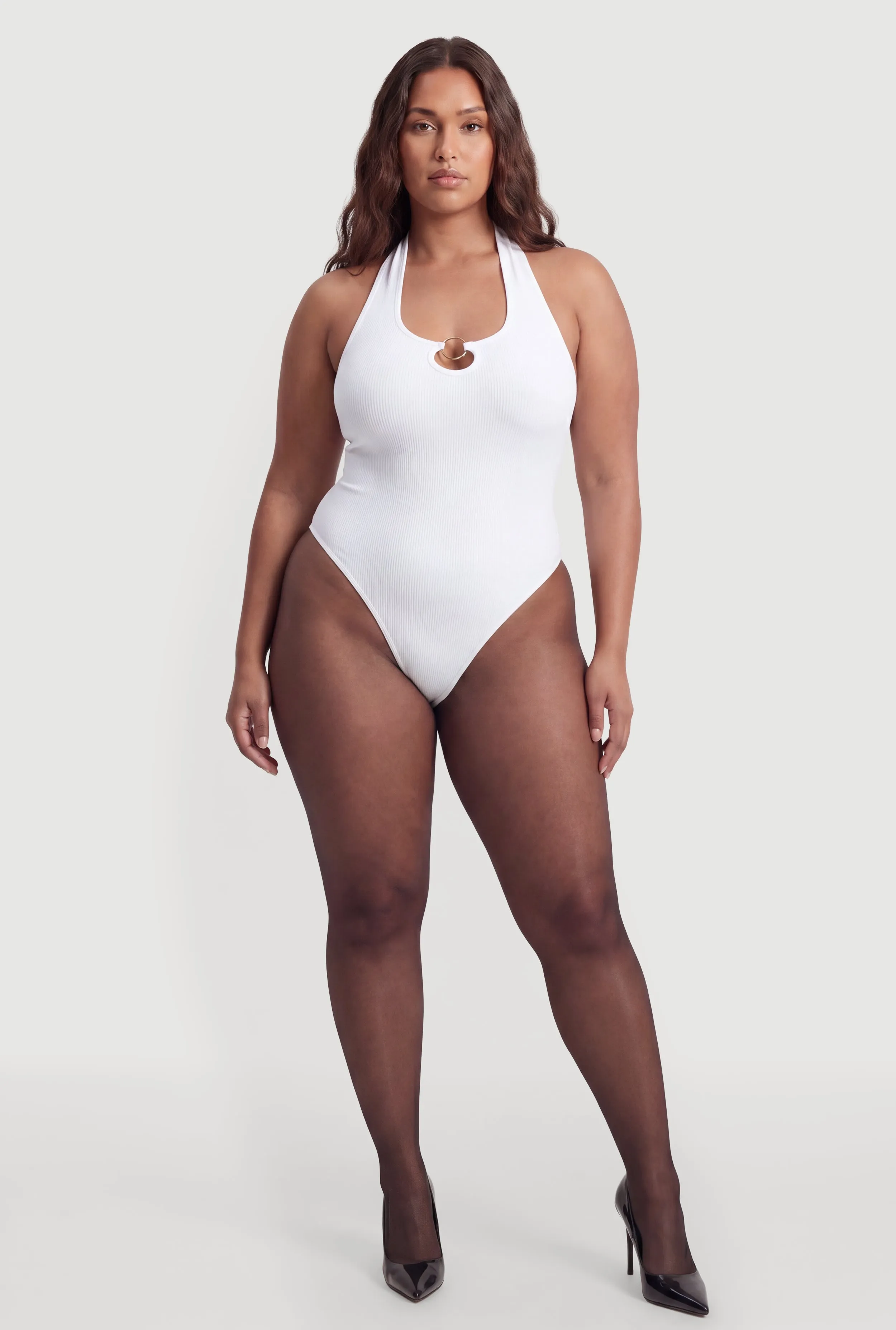 Plus Size Metallic O Ring Detail Halter Thong Bodysuit sold by Rainbow