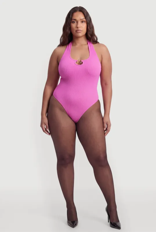 Plus Size Metallic O Ring Detail Halter Thong Bodysuit made by Rainbow