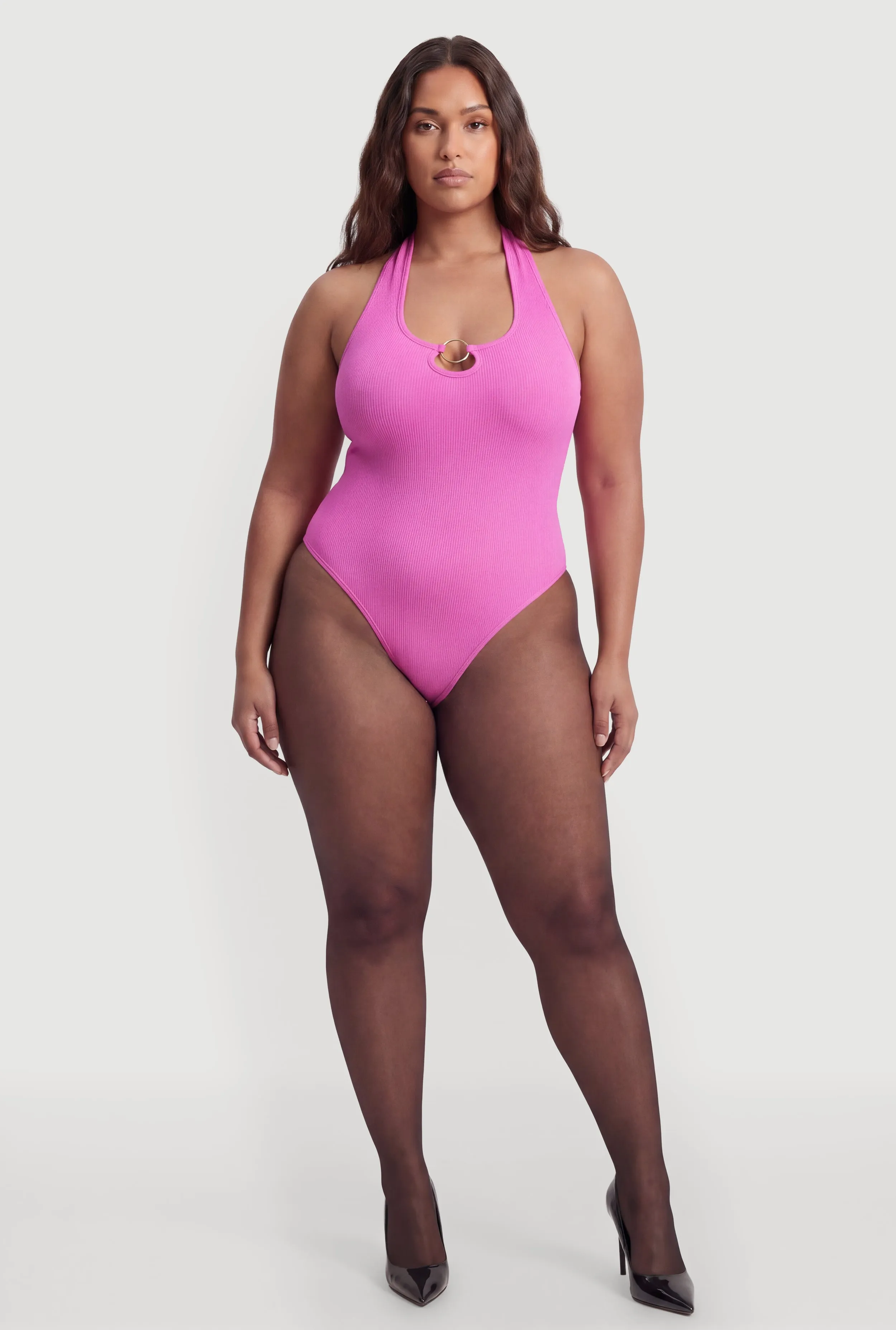 Plus Size Metallic O Ring Detail Halter Thong Bodysuit sold by Rainbow