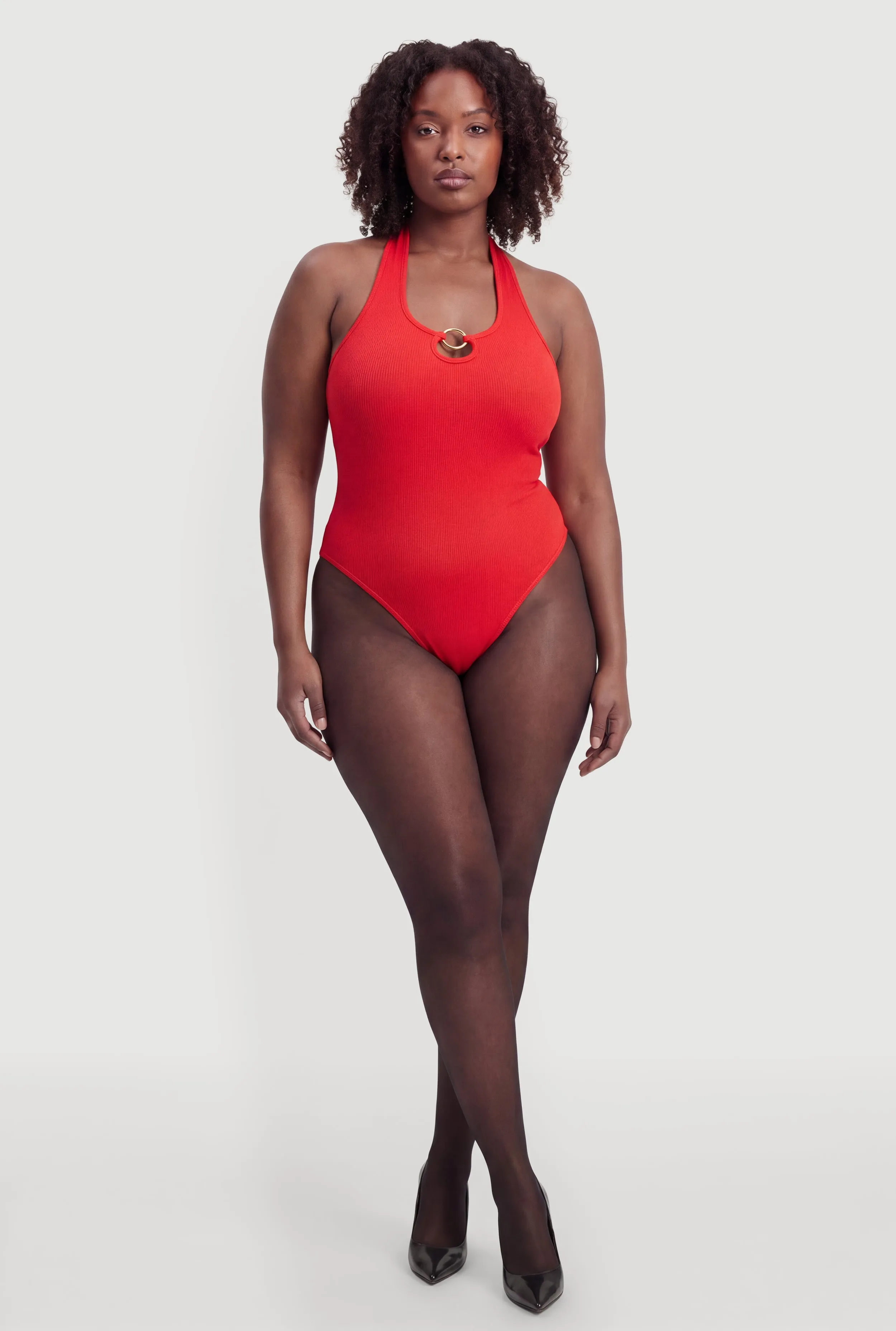 Plus Size Metallic O Ring Detail Halter Thong Bodysuit sold by Rainbow