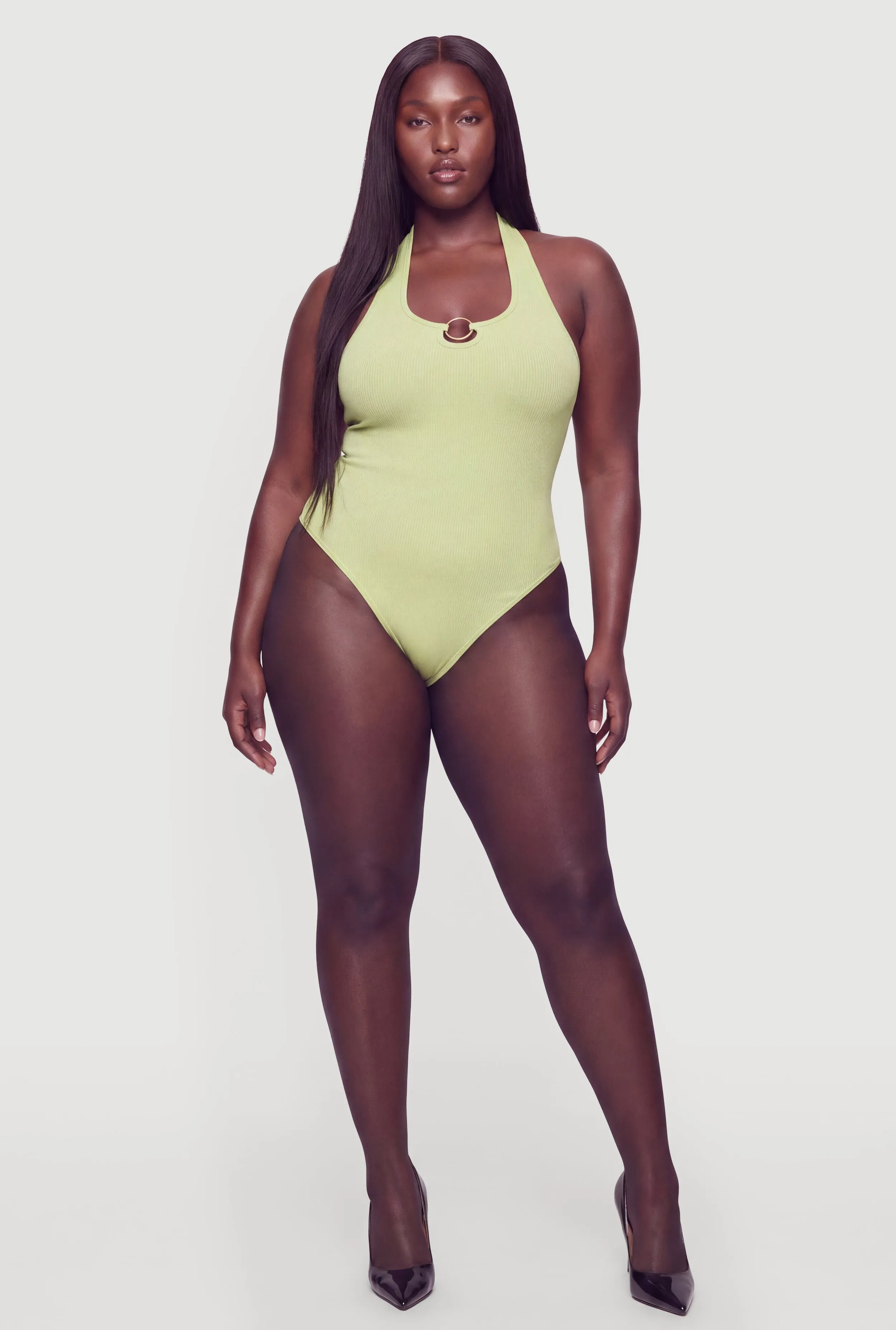 Plus Size Metallic O Ring Detail Halter Thong Bodysuit sold by Rainbow