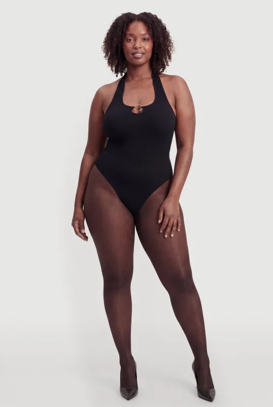 Plus Size Metallic O Ring Detail Halter Thong Bodysuit made by Rainbow