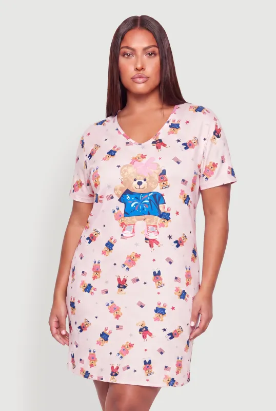 Plus Size American Flag Teddy Bear Graphic Print Sleepshirt made by Rainbow