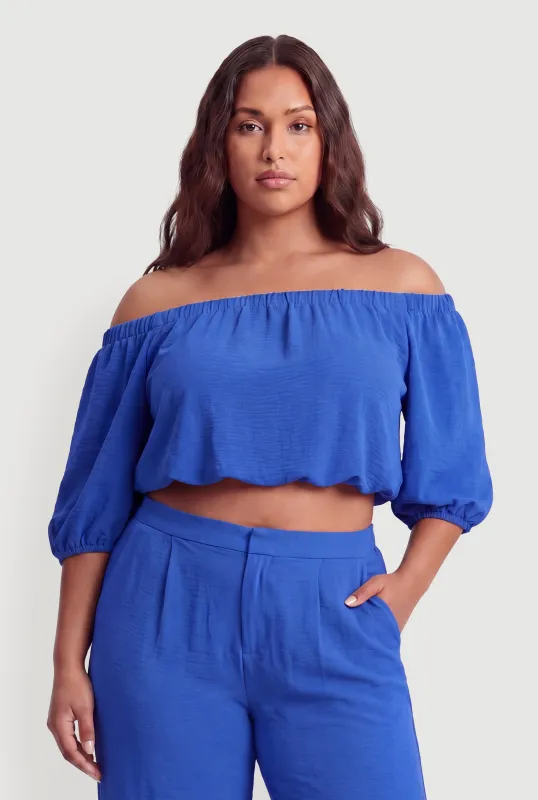 Plus Size Crepe Knit Off The Shoulder Crop Top made by Rainbow
