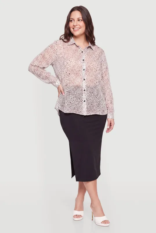 Plus Size Chiffon Animal Print Long Sleeve Shirt made by Ambiance