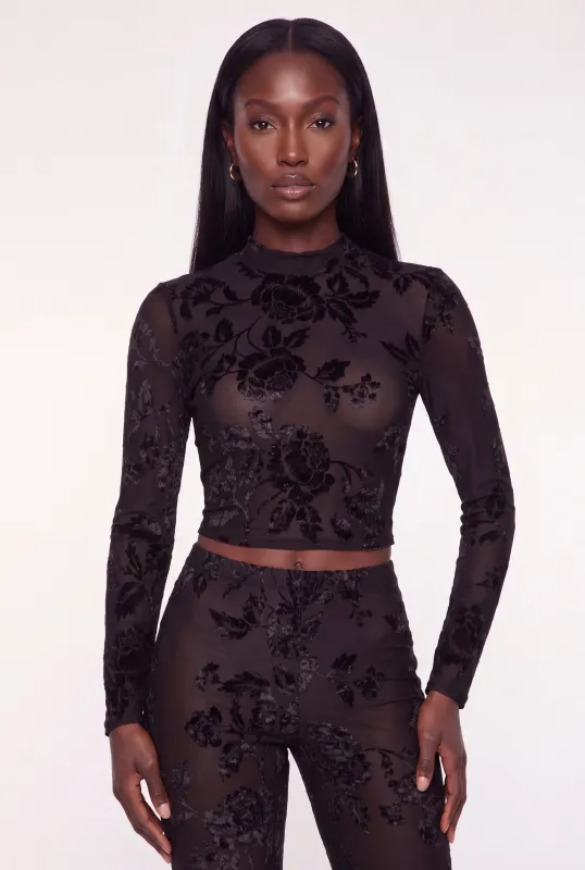 Floral Velvet Burnout Long Sleeve Crop Top made by Rainbow