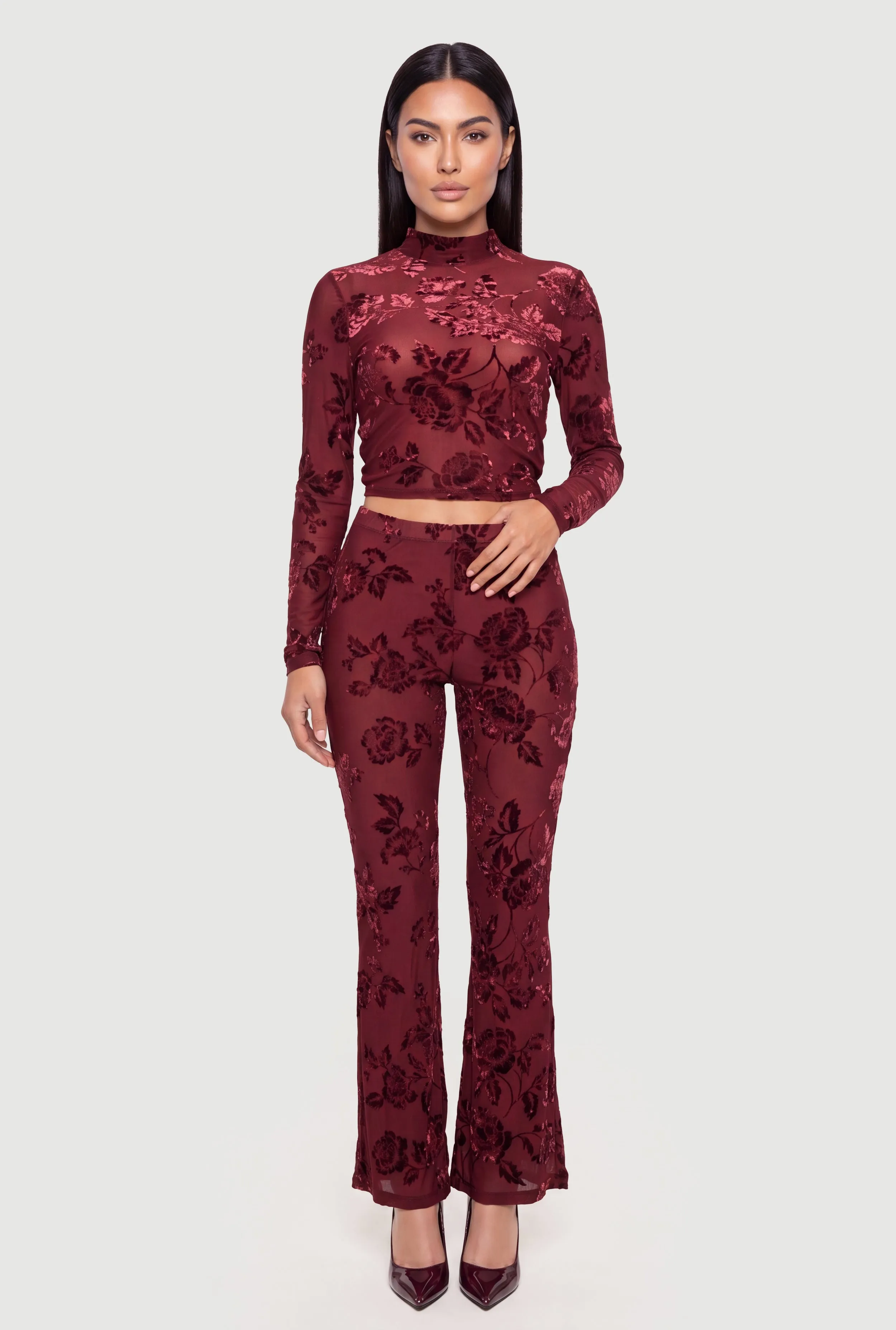 Floral Velvet Burnout Flare Pants sold by Rainbow