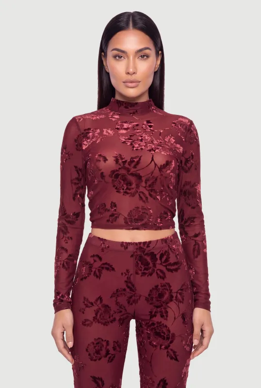 Floral Velvet Burnout Long Sleeve Crop Top made by Rainbow