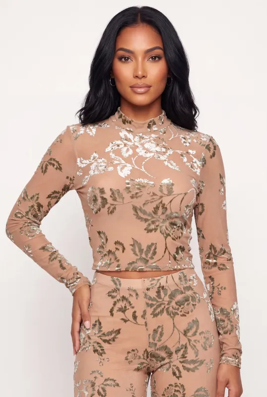Floral Velvet Burnout Long Sleeve Crop Top made by Rainbow